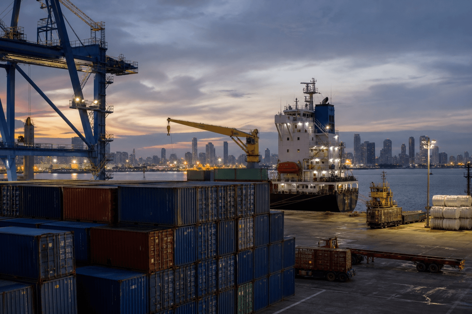 Container port with cargo ship at berth